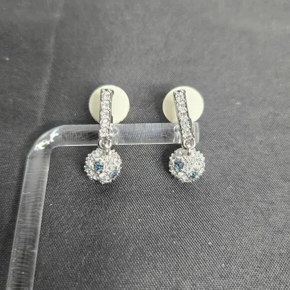 Swarovski Rhinestone Ball Drop Earrings Silver Tone White Blue Crystal Pave Clip - Picture 2 of 8